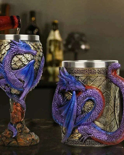 Dragon Resin Stainless Steel Beer Mug - Hand Painted Gothic Viking Skull Wine Goblet