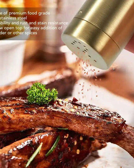 Set of 2 Elegant Gold Stainless Steel Spice Dispensers - Rustproof Seasoning Containers for Salt, Sugar, and More