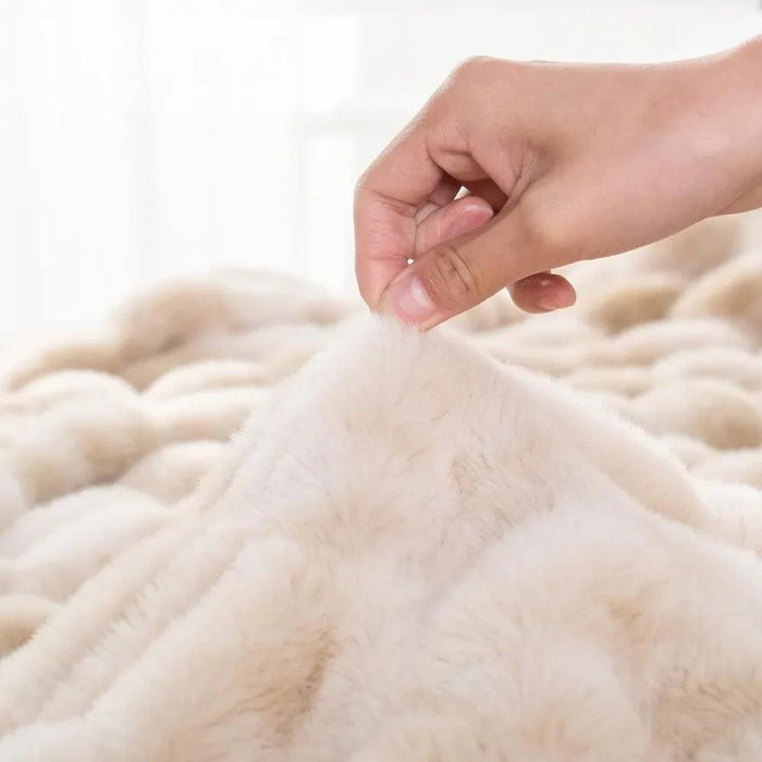 Cozy Beige Ruched Faux Fur Throw - Luxurious Reversible Mink Fleece