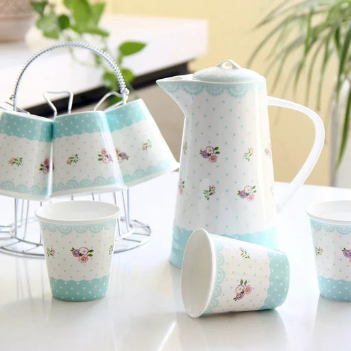 Elegant Shabby Chic Bone China Tea Set with Ceramic Teapot, Teacups, and Stylish Rack