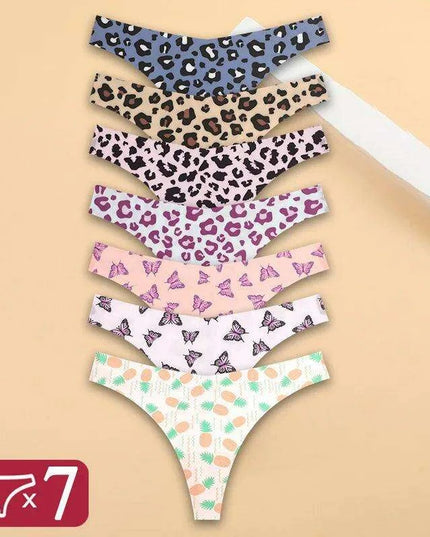 7Pcs Seamless Ice Silk Thong Set for Women - Fresh Low Waisted Print Underwear