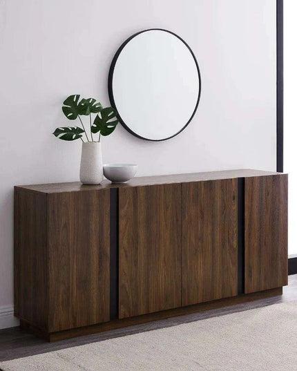 Sleek Contemporary Dark Walnut 4-Door Cutlery Storage Cabinet with Adjustable Shelves - Modern Design, 15.75" Deep x 70" Wide x 31" High, Free Shipping Included