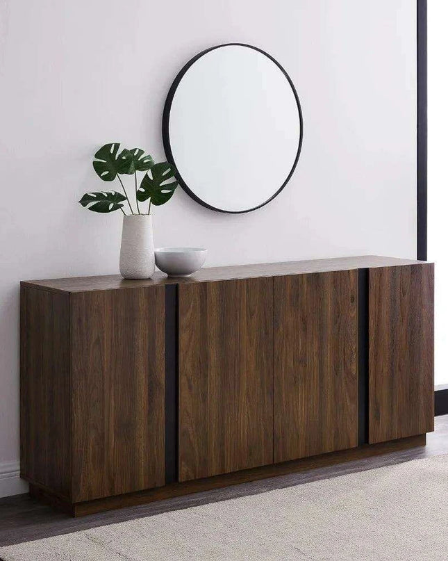 Sleek Contemporary Dark Walnut 4-Door Cutlery Storage Cabinet with Adjustable Shelves - Modern Design, 15.75" Deep x 70" Wide x 31" High, Free Shipping Included