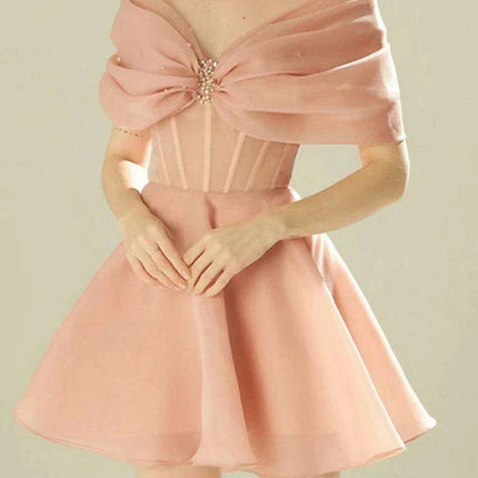 Elegant Pearl-Accented A-Line Mini Dress with Sheer Gauze Details - Women's 2024 Summer Celebration Attire