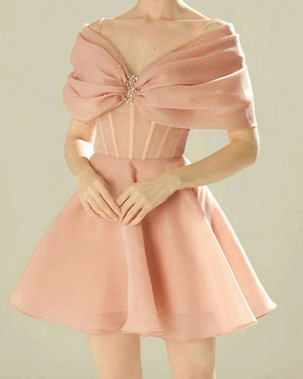 Elegant Pearl-Accented A-Line Mini Dress with Sheer Gauze Details - Women's 2024 Summer Celebration Attire