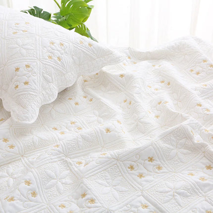 Plum Floral Embroidery Quilted Bedspread Set – 3-Piece 100% Cotton