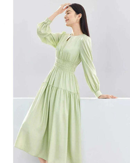 Elegant Light Green Puff Sleeve Midi Dress - Spring Pullover Round Neck for Women 2024
