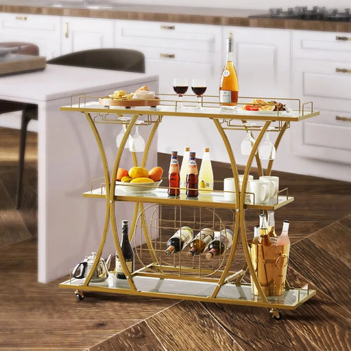 3 Tiers Gold Metal Bar Serving Cart with Wine Rack Glass Holder 180 lbs