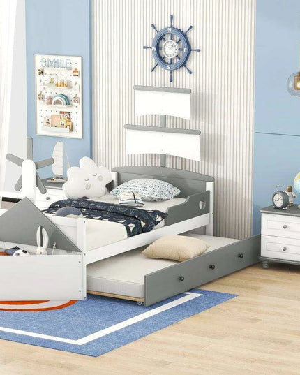 Race Car-Inspired Twin Bedroom Set with Trundle Bed and Nightstands - White/Gray Pine Wood Furniture