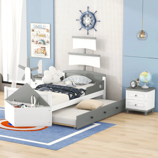 Boat-Shaped Twin Size Bedroom Set of 3 with Trundle Bed and Nightstands, White and Gray