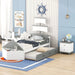 Race Car Design Boat-Shaped Twin Size Bedroom Set with Trundle Bed and Nightstands, White and Gray