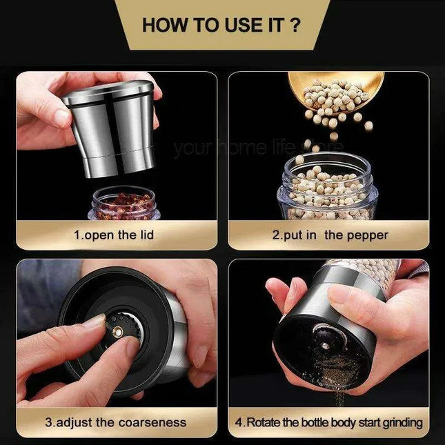 Stainless Steel Dual-Head Spice Grinder with Oversized Storage Compartment