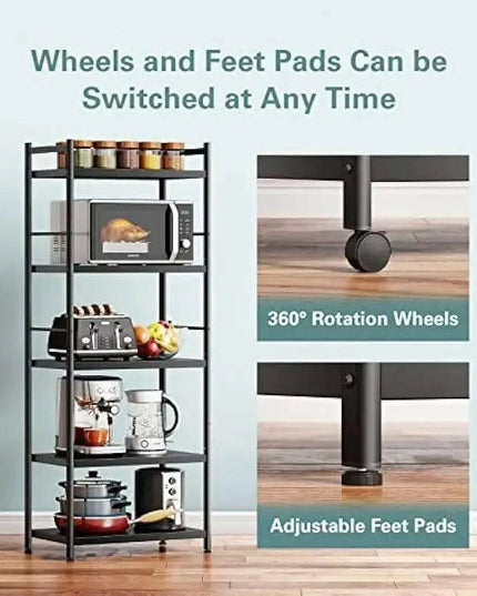 Multi-Functional 5-Tier Black Metal Storage Rack for Home and Kitchen