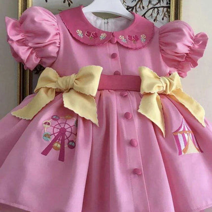 Delightful Vintage Pink Dress for Baby Girls with Enchanting Ferris Wheel Embroidery - Perfect for Celebrations and Photoshoots (0-12Y)