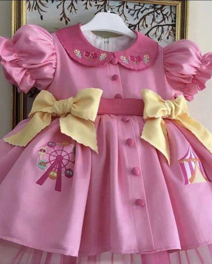 Delightful Vintage Pink Dress for Baby Girls with Enchanting Ferris Wheel Embroidery - Perfect for Celebrations and Photoshoots (0-12Y)