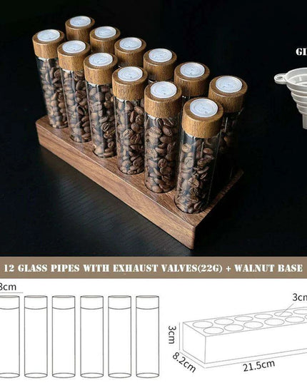 Stylish Walnut Base Coffee Bean Display Organizer with Elegant Glass Tubes