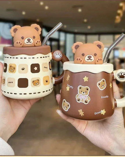 Charming Bear Ceramic Mug Set with Lid and Spoon - 450ml for Enhanced Beverage Enjoyment