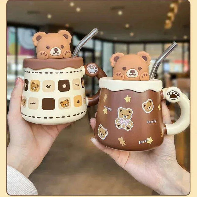 Charming Bear Ceramic Mug Set with Lid and Spoon - 450ml for Enhanced Beverage Enjoyment