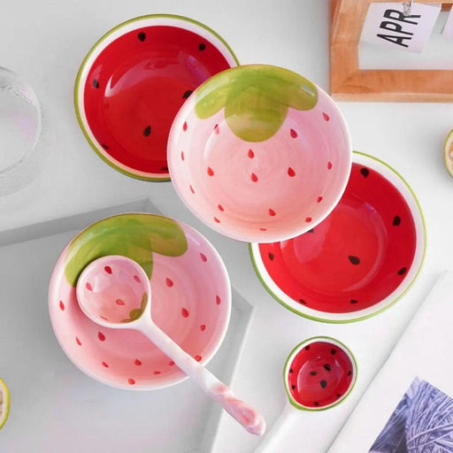 Hand-Painted Fruit Pattern Ceramic Ramen Dining Set with Artisan Spoon and Bowl