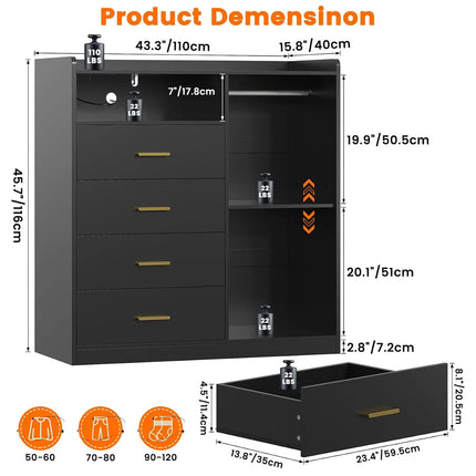 4-Drawer Dresser with Clothes Rack, LED Light, Power Outlet, Shelf, Bedroom Storage, 15.7"D x 43.3"W x 45.7"H, Customized 4-drawer-dresser-with-clothes-rack-led-light-power-outlet-shelf-bedroom-storage-15-7d-x-43-3w-x-45-7h-customized