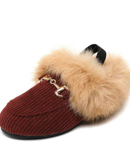 Charming Kids Black Fur Slip-On Slippers - Cozy Outdoor Slides for Boys and Girls