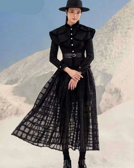 Chic Black Coat and Tulle Skirt Set with Floral Detail for Women - Fall 2024 Collection 13DB1739