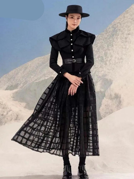 Chic Black Coat and Tulle Skirt Set with Floral Detail for Women - Fall 2024 Collection 13DB1739
