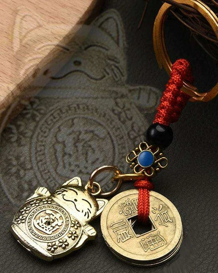 Fortune Cat Brass Keychain with Antique Coins - A Charm for Wealth and Abundance