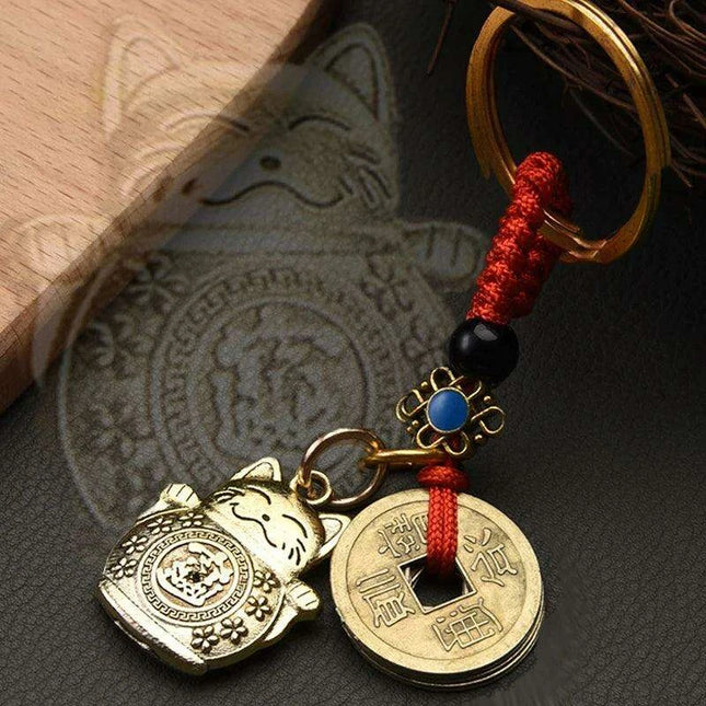 Fortune Cat Brass Keychain with Antique Coins - A Charm for Wealth and Abundance