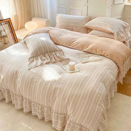 Elegant 4-Piece French Vintage Plaid Cotton Bedding Set with Ruffled Duvet Cover and Bed Skirt