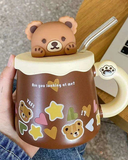 Charming Bear Ceramic Mug Set with Lid and Spoon - 450ml for Enhanced Beverage Enjoyment