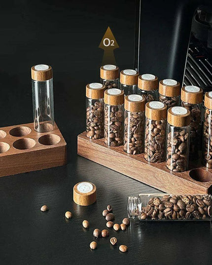 Stylish Walnut Base Coffee Bean Display Organizer with Elegant Glass Tubes