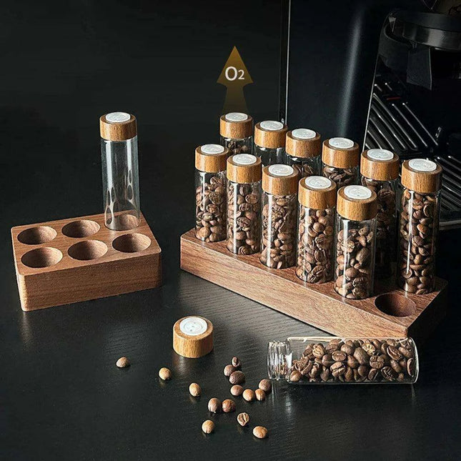 Stylish Walnut Base Coffee Bean Display Organizer with Elegant Glass Tubes