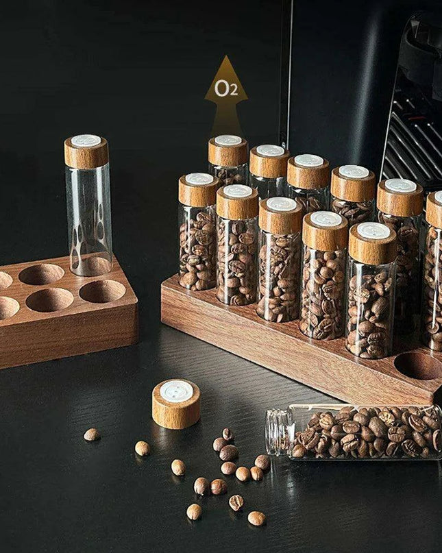 Stylish Walnut Base Coffee Bean Display Organizer with Elegant Glass Tubes