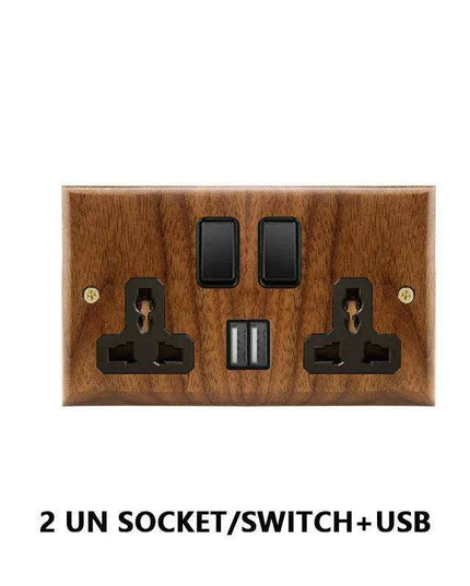 Sleek Black Walnut Electrical Panel with USB Ports, Adjustable LED Ambiance, and Contemporary Toggle Features