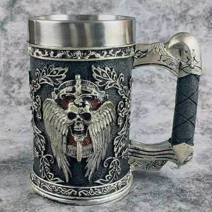 Medieval Angel of Death Skull Stainless Steel Beer Mug - 600ML Unique Horror Design