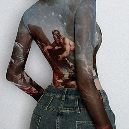 Vintage-Inspired Sheer Long Sleeve Bodysuit with Elegant Square Neckline and Bustier Detailing