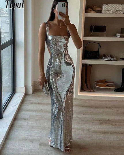 Elegant Silver Backless Maxi Gown - Chic Evening Event Wear