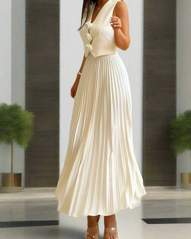 Sophisticated 2-Piece Floral Waistcoat and Flowing Skirt Set for Women