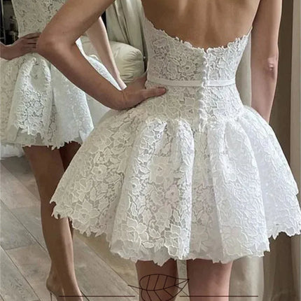 Wishah Strapless 3D Lace Mini Bridal Gown — Bow Sash, Custom Fit, Short Wedding Dress