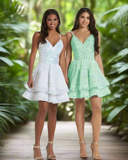 Sparkling Tiered Sequin Spaghetti Strap Short Cocktail Dress for Young Women