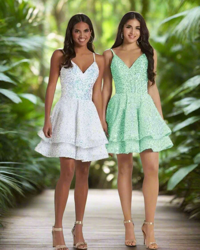 Sparkling Tiered Sequin Spaghetti Strap Short Cocktail Dress for Young Women
