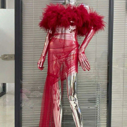 Enchanting Crimson Mesh Sheath Dress with Flowing Ruffles for Unforgettable Nights