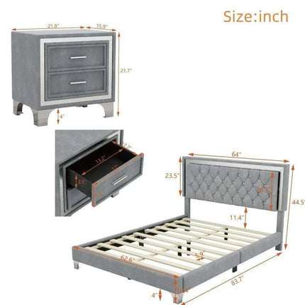 Luxurious LED-Illuminated Queen Bedroom Set with Crystal-Tufted Headboard and Nightstands - Modern Sophistication