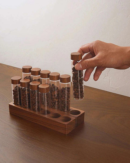 Stylish Walnut Base Coffee Bean Display Organizer with Elegant Glass Tubes
