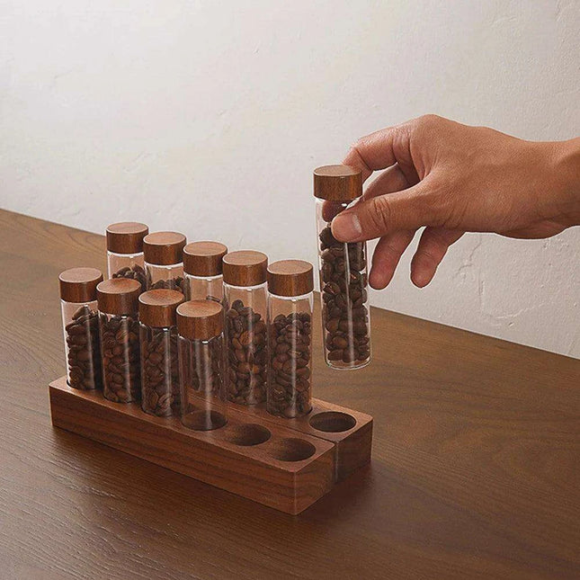 Stylish Walnut Base Coffee Bean Display Organizer with Elegant Glass Tubes