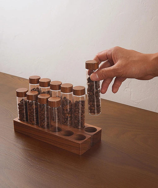 Stylish Walnut Base Coffee Bean Display Organizer with Elegant Glass Tubes