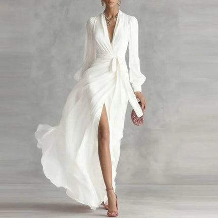 Deep V Neck Long Sleeve Maxi Dress — Wrap Tie Waist, High Slit