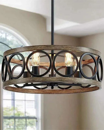 Rustic Farmhouse Circular Chandelier with Wood Grain Finish for Elegant Home and Restaurant Lighting