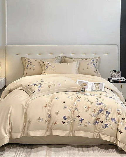 Exquisite 100% Egyptian Cotton Butterfly Embroidered Luxury Bedding Set with Duvet Cover, Sheets, and Pillowcases